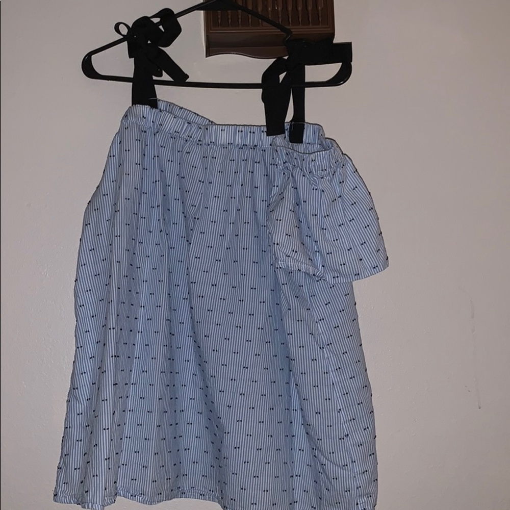 blue & white striped tie strap open shoulder top
